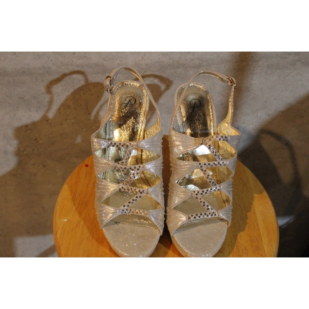 Adrianna Papell Women's 9.5 Gold Glitter Strappy Heels Rhinestone Formal